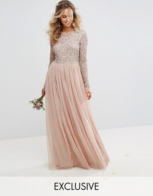 Maya Long Sleeved Nude Maxi Dress with Delicate Sequin and Tulle Skirt - Liyanah
