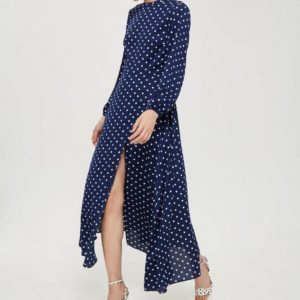 Polka Dot White Blue Print Open Back Maxi Dress - Liyanah