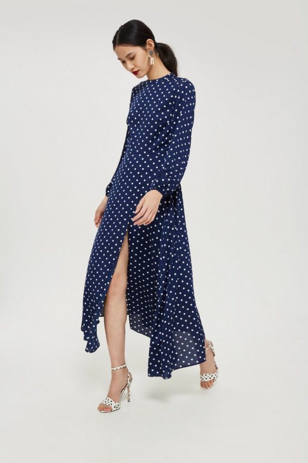 Polka Dot White Blue Print Open Back Maxi Dress - Liyanah