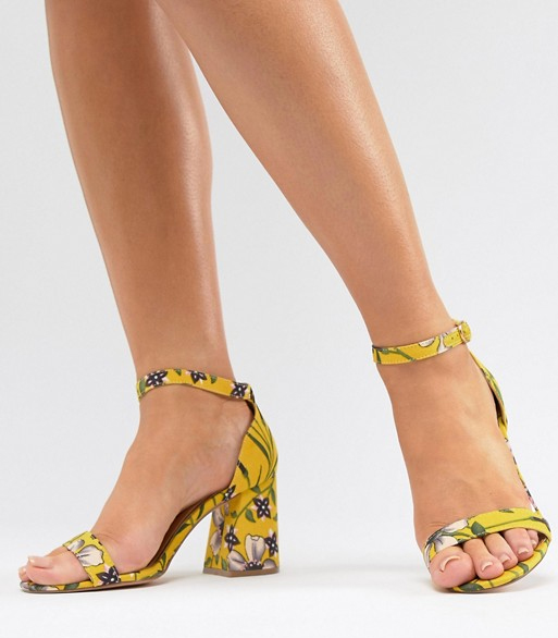 River Island Wide Fit Floral Yellow Block Heeled Sandals - Liyanah
