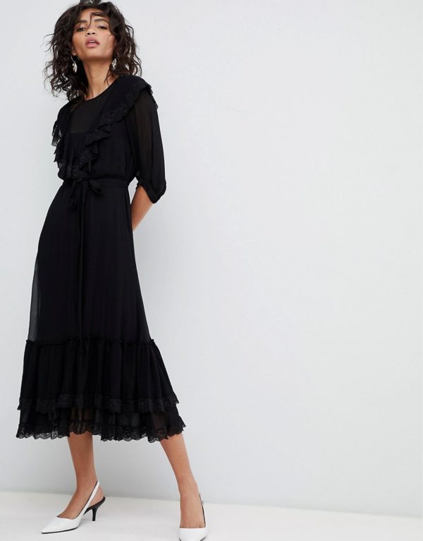 Ghost 3-4 sleeve black lace detail dress - Liyanah