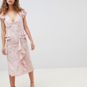 ASOS DESIGN Soft Floral Jacquard Pink Midi Tea Dress With Ruffle Hem - Liyanah