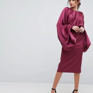 ASOS Extreme Sleeve Plum Satin Midi Pencil Dress - Liyanah