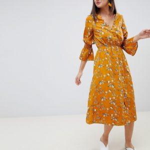 Influence yellow mustard floral button down midi dress - Liyanah