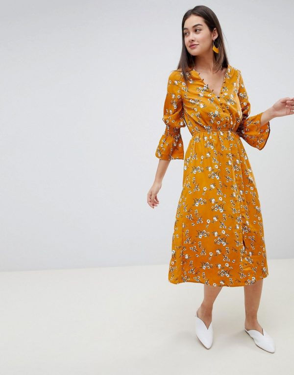 Influence yellow mustard floral button down midi dress - Liyanah