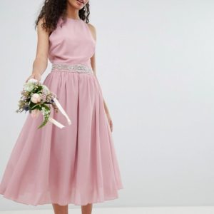 TFNC Embellished Pink Midi Bridesmaid Dress with Full prom skirt - Liyanah