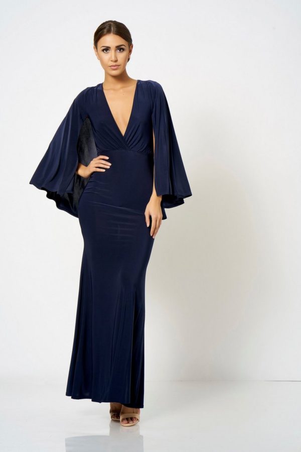Topshop Cape Slinky Wrap Over Navy Maxi Dress by Club L - Liyanah