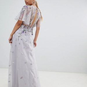 ASOS DESIGN Petite Bridesmaid floral embroidered dobby mesh flutter sleeve grey maxi dress - Liyanah