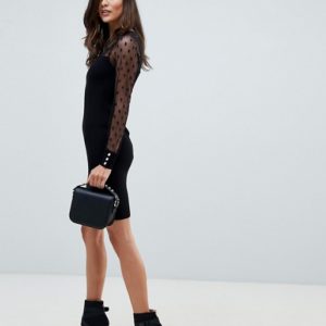 Morgan pencil black dress with dotty mesh sleeves in black - Liyanah