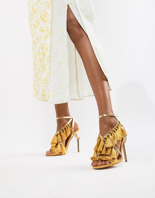 River Island heeled sandals with tassel details in yellow - Liyanah.co