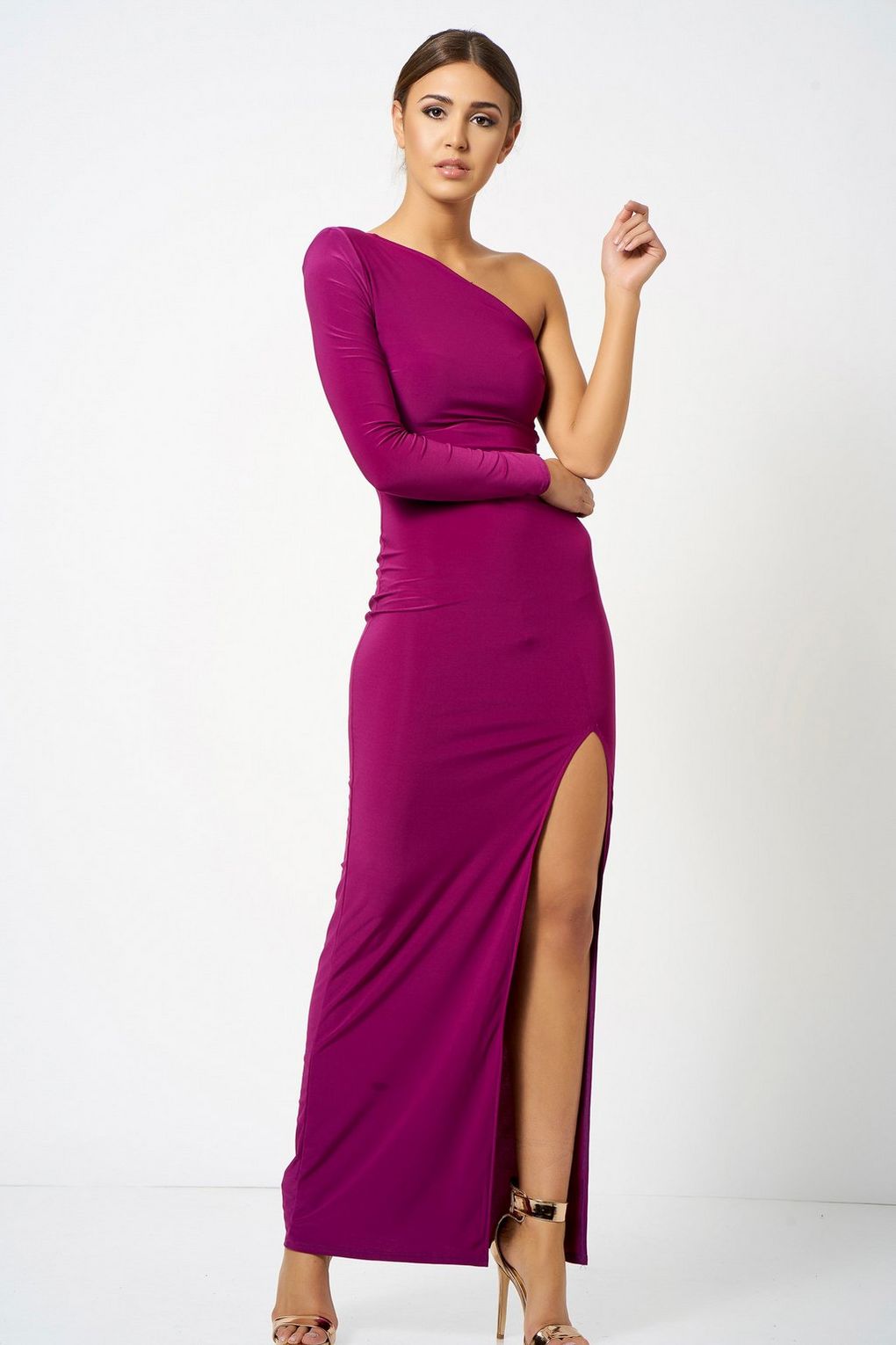 purple one shoulder dress