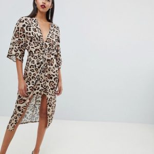 ASOS DESIGN satin kimono midi dress in leopard print - Liyanah