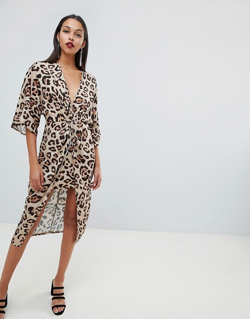 long sleeve animal print midi dress