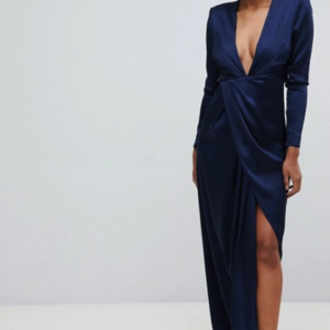 ASOS EDITION split side plunge blue navy maxi in satin - Liyanah