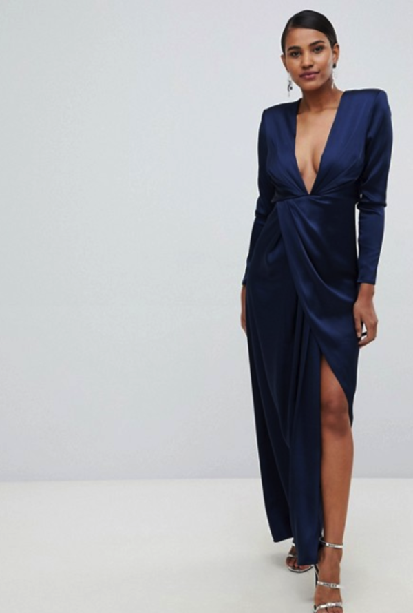 ASOS EDITION split side plunge blue navy maxi in satin - Liyanah