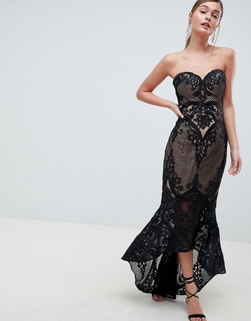 Bariano Sweetheart Fishtail Black Maxi Dress In Lace - Liyanah