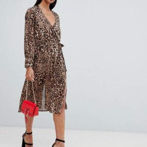 Boohoo long sleeve wrap front midi dress in leopard - Liyanah