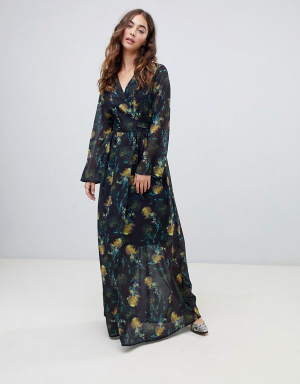 Lost Ink wrap front maxi dress in blurred floral print - Liyanah