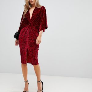 Flounce London red velvet twist front midi dress in red animal - Liyanah