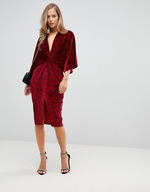 Flounce London red velvet twist front midi dress in red animal - Liyanah