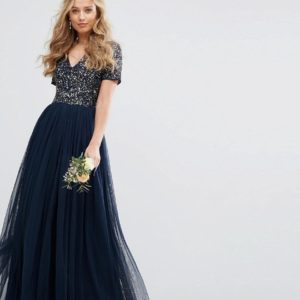 Maya v neck navy maxi tulle dress with tonal delicate sequins