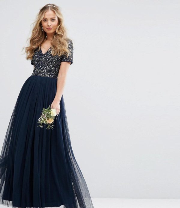 Maya v neck navy maxi tulle dress with tonal delicate sequins