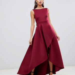 True Violet high low scuba maxi dress with open back bow detail in wine