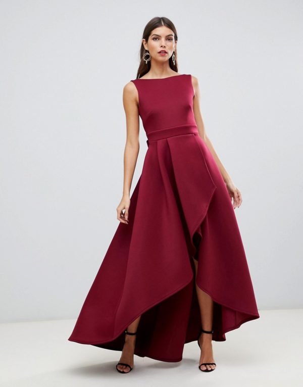 True Violet high low scuba maxi dress with open back bow detail in wine