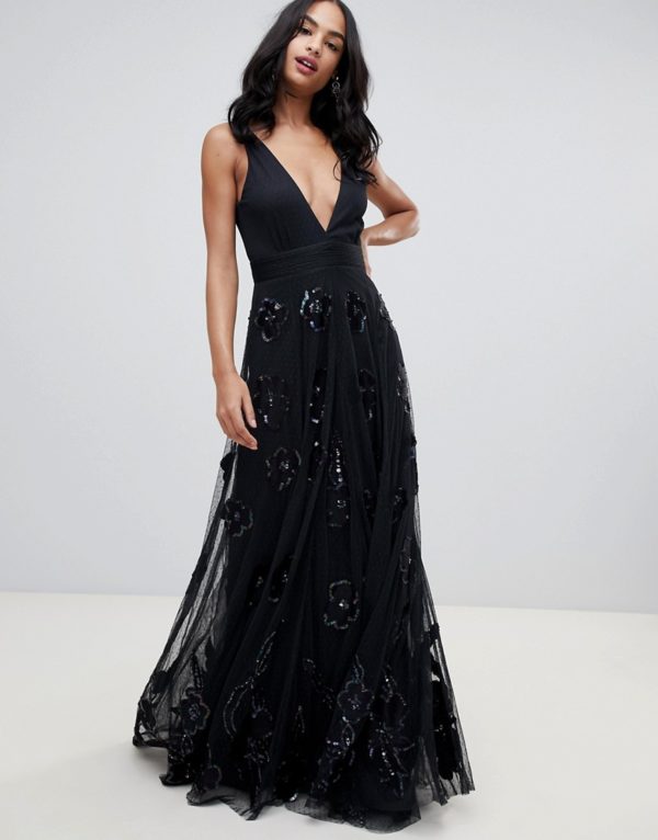 A Star Is Born prom maxi dress with plunge front in black - Liyanah