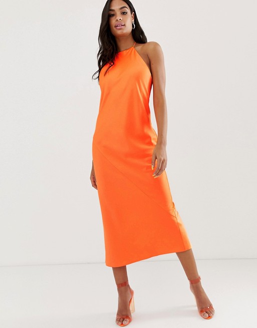 ASOS DESIGN midi slip dress with high neck in neon