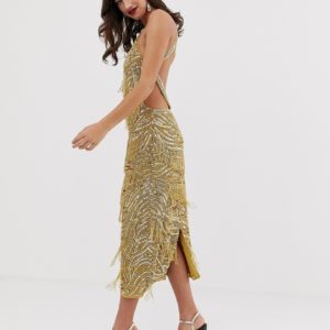 ASOS EDITION sequin fringe cutout bodycon gold midi dress - Liyanah