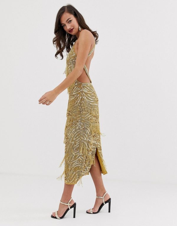 ASOS EDITION sequin fringe cutout bodycon gold midi dress - Liyanah