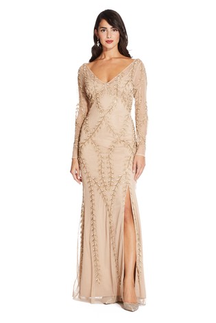 Adrianna Papell Nude Long Beaded Dress - Liyanah
