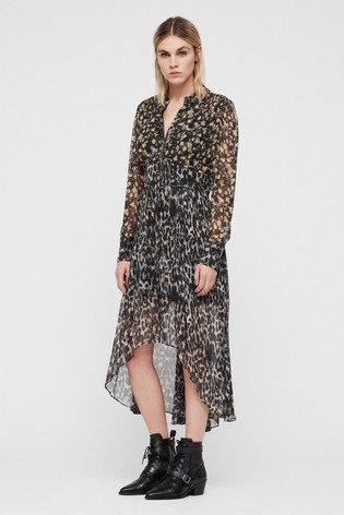 AllSaints Grey Leopard Floral Liza Midi Dress