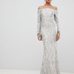 Bariano embellished patterned sequin off shoulder maxi dress in silver - Liyanah