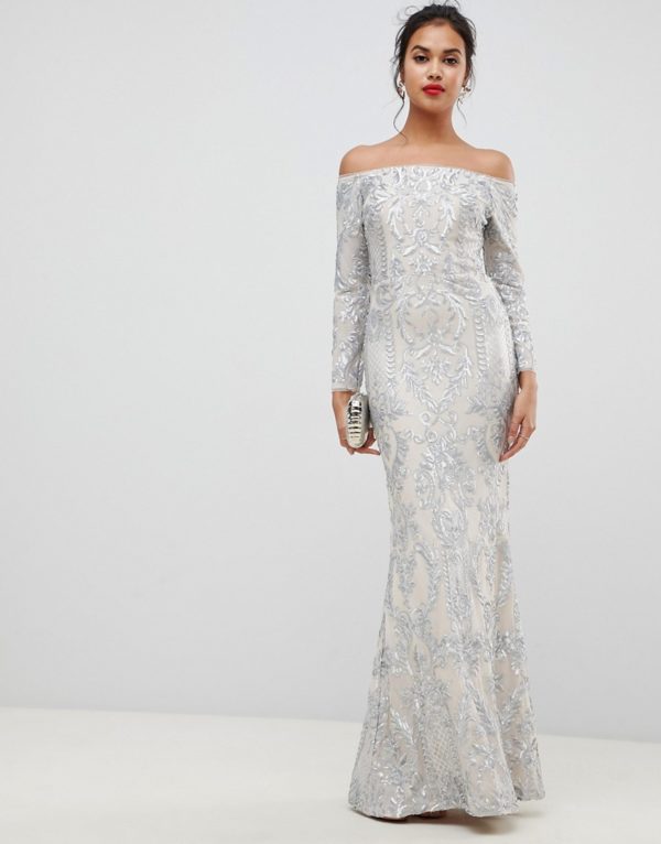 Bariano embellished patterned sequin off shoulder maxi dress in silver - Liyanah