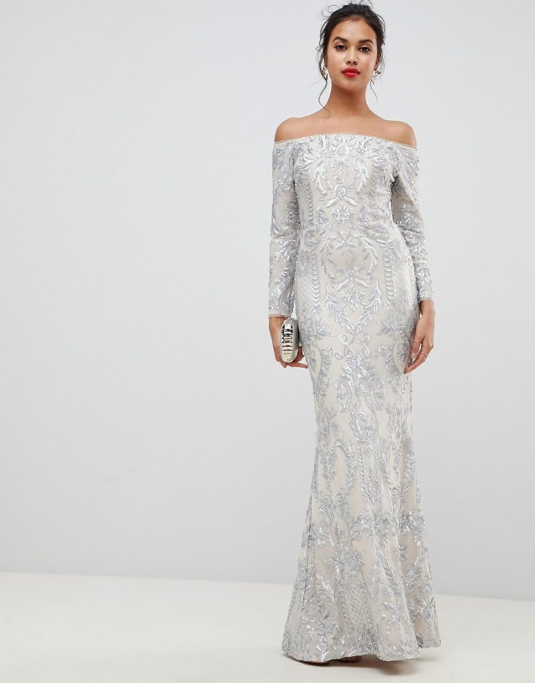 Bariano embellished patterned sequin off shoulder maxi dress in silver - Liyanah