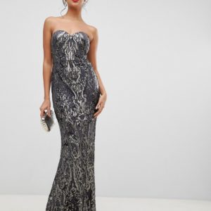 Bariano embellished patterned sequin sweetheart bandeau maxi dress in charcoal - Liyanah