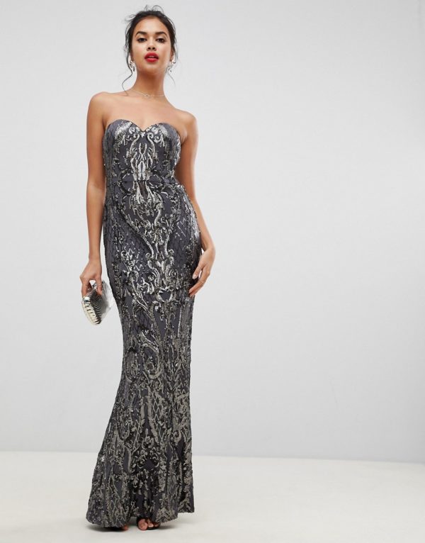 Bariano embellished patterned sequin sweetheart bandeau maxi dress in charcoal - Liyanah