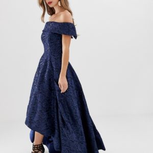 Bariano off shoulder full prom dress with high low hem in navy - Liyanah