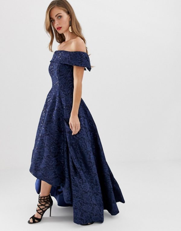 Bariano off shoulder full prom dress with high low hem in navy - Liyanah