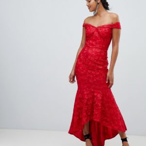 Chi Chi London bandeau embroidered high low maxi dress in red - Liyanah