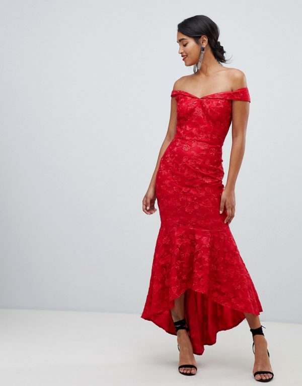 Chi Chi London bandeau embroidered high low maxi dress in red - Liyanah