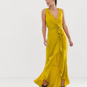 Flounce London yellow wrap front midaxi dress in chartreuse - Liyanah