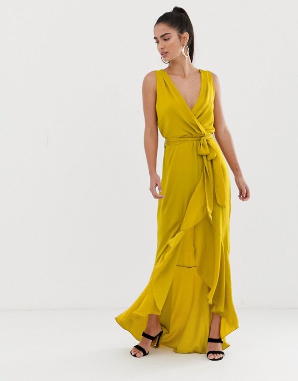 Flounce London yellow wrap front midaxi dress in chartreuse - Liyanah