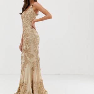 Forever Unique fishtail prom maxi dress in lace embroidery in gold - Liyanah