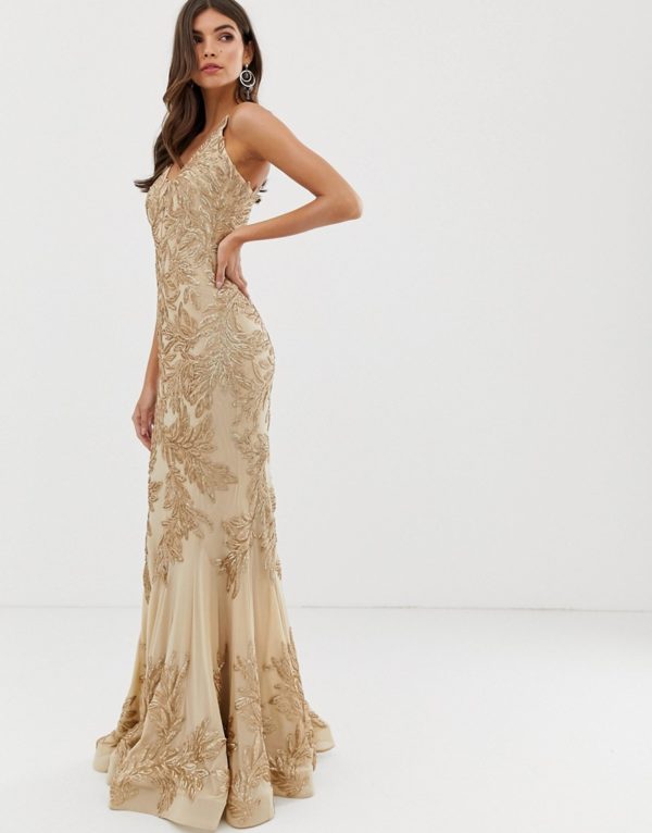 Forever Unique fishtail prom maxi dress in lace embroidery in gold - Liyanah