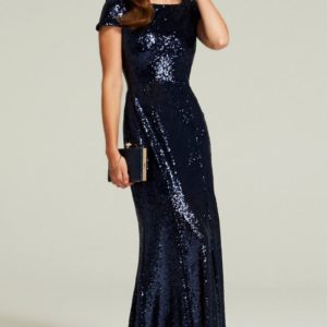 HotSquash Navy Cowl Back Sequinned Fishtail Maxi Dress - Liyanah