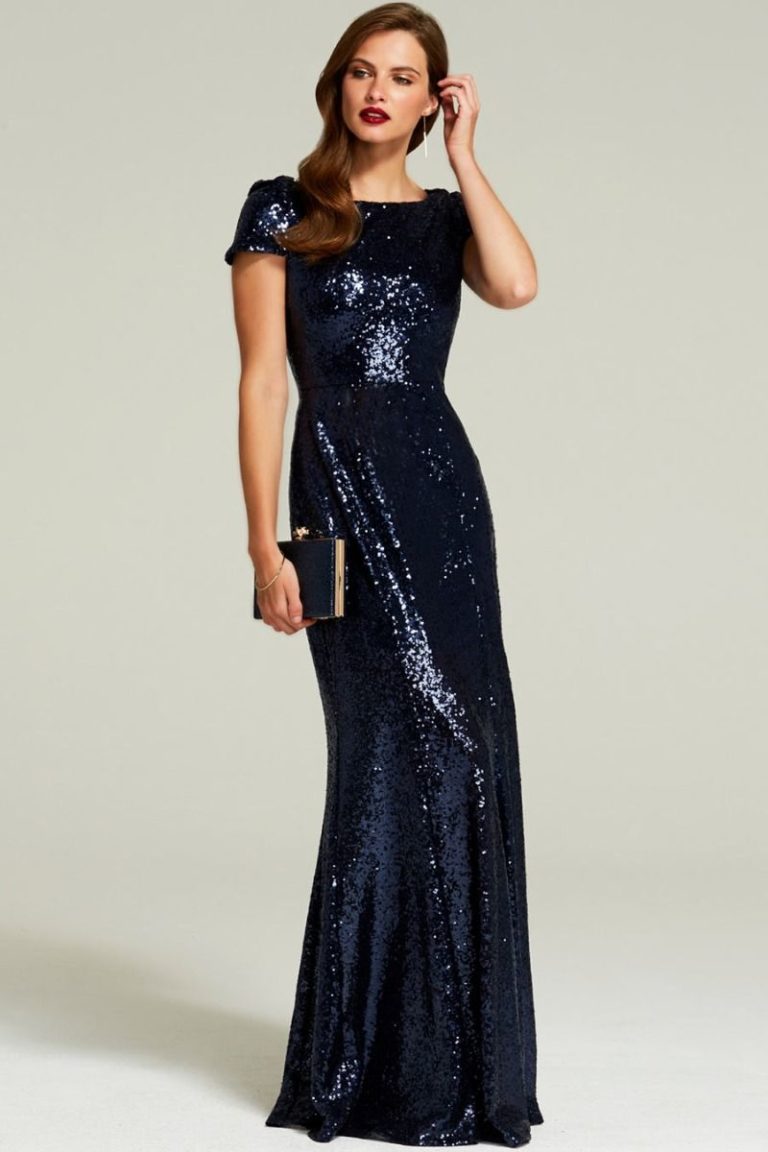 HotSquash Navy Cowl Back Sequinned Fishtail Maxi Dress - Liyanah