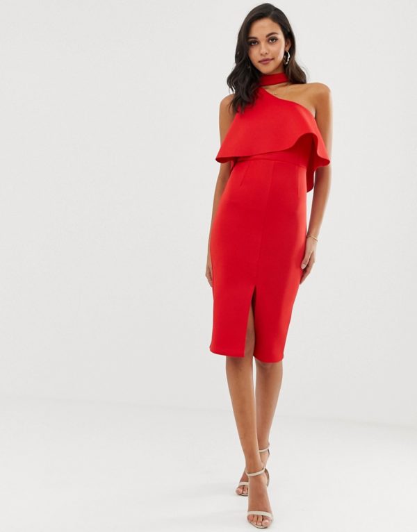 Lavish Alice red scuba high neck one shoulder midi dress - Liyanah